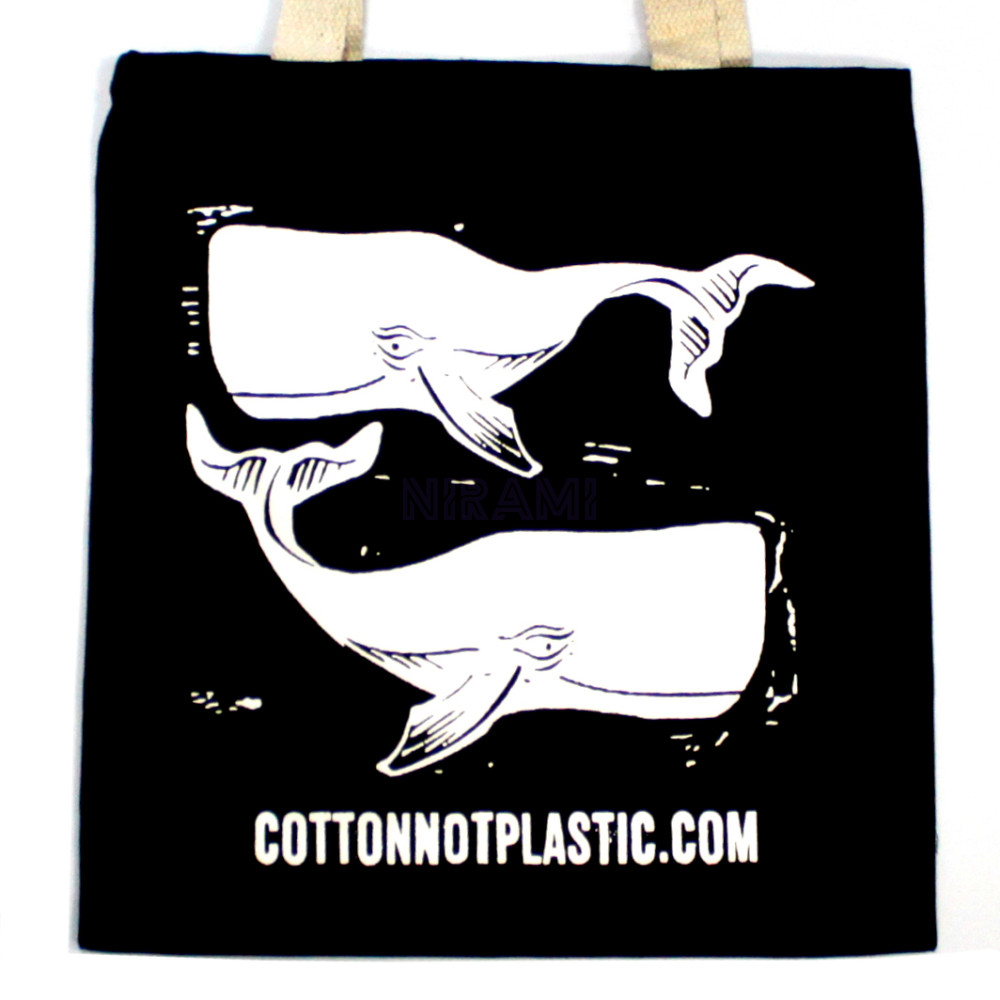 Bolsa de algodón grande Negro 38x42cm - BALLENAS - BLANCO