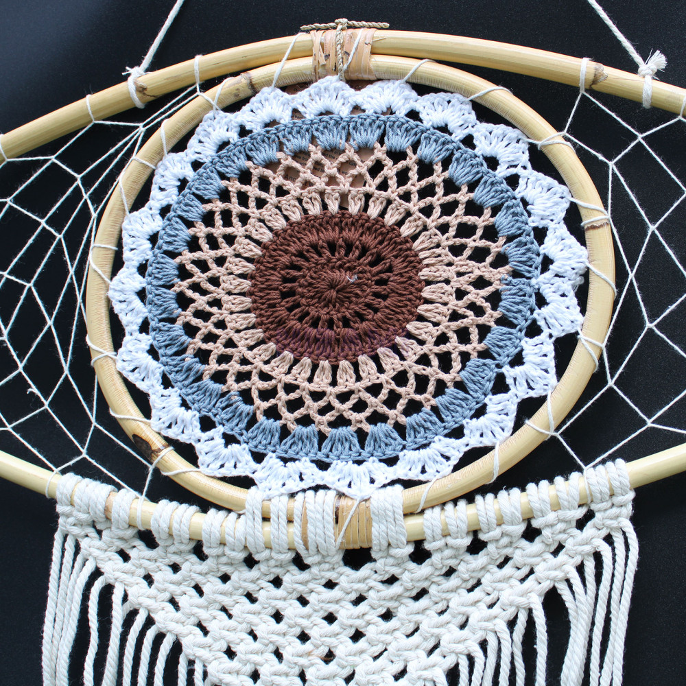 Atrapasueños Protección - Lrg Macramé Ojo Blanco / Gris / Marrón