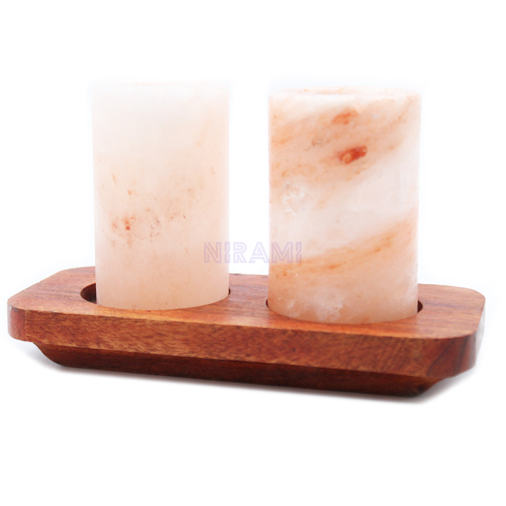 Juego de 2 vasos de chupito de sal del Himalaya y soporte de madera para servir
