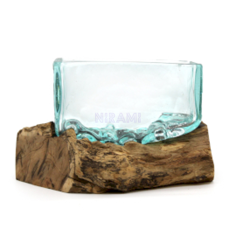 1x Molten Glass Tank on Wood with Stand - Large Bowl