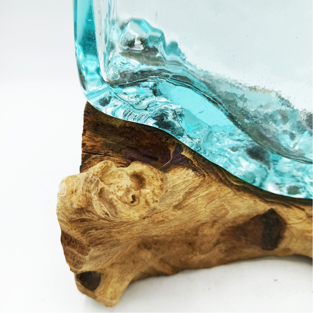 1x Molten Glass Tank on Wood with Stand - Large Bowl