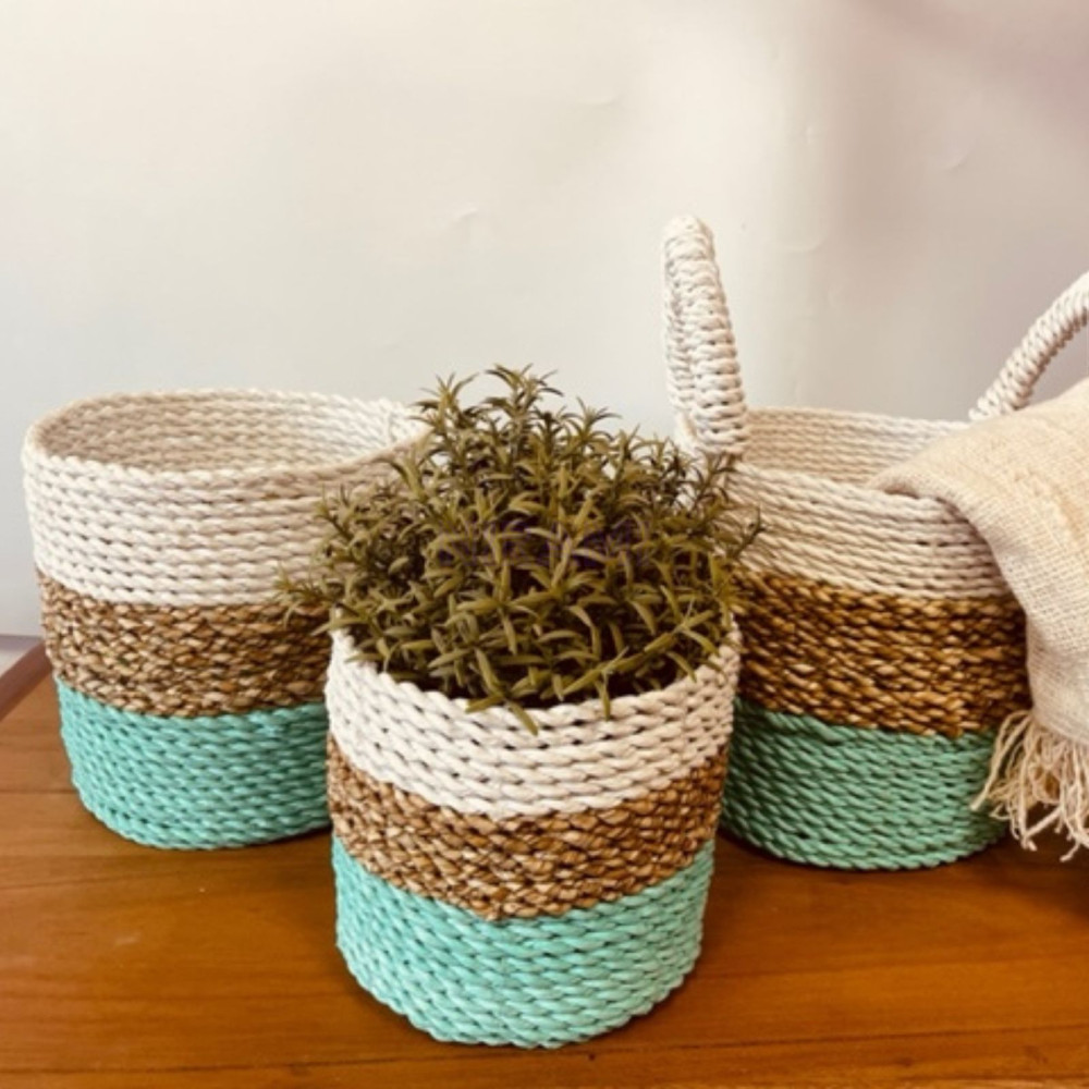 Juego de cestas de algas marinas - Verde/Natural/Blanco