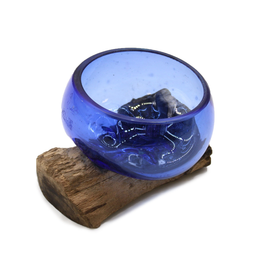 Mini Tazón Azul de Vidrio Fundido sobre Madera