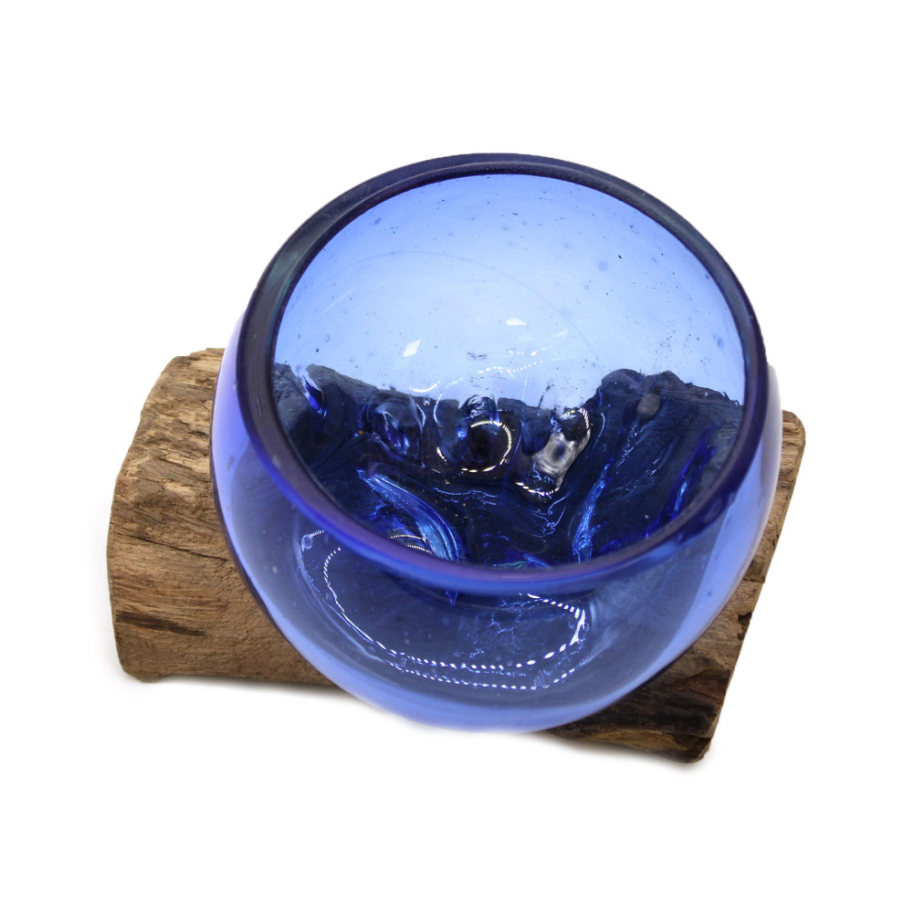 Mini Tazón Azul de Vidrio Fundido sobre Madera