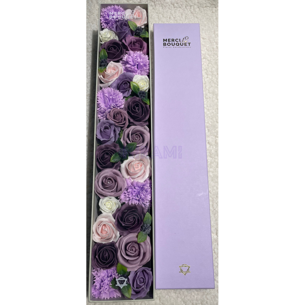 Rosa Lavanda y Clavel Caja Regalo Extralarga Flores Jabón 