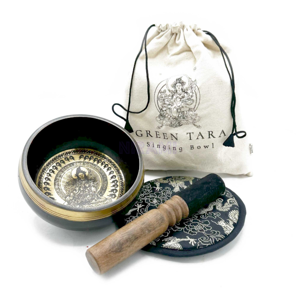 Set de regalo de cuenco tibetano batido y grabado a mano - 14 cm - Tara verde