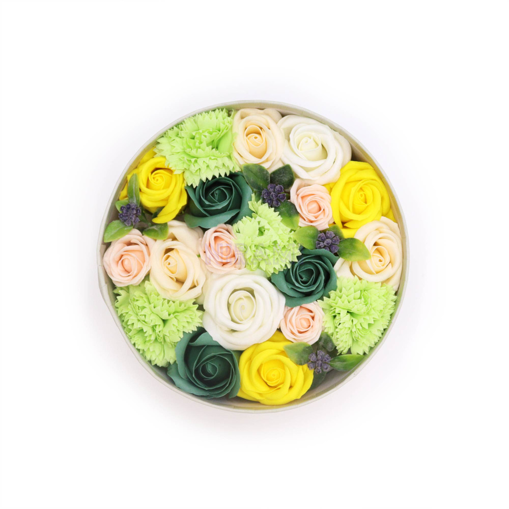 Celebraciones Primavera Amarillo y Verdes Caja Regalo Redonda Flores Jabón