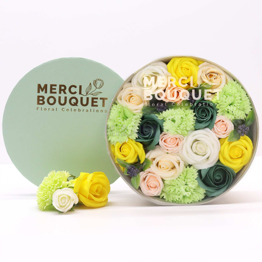 Celebraciones Primavera Amarillo y Verdes Caja Regalo Redonda Flores Jabón