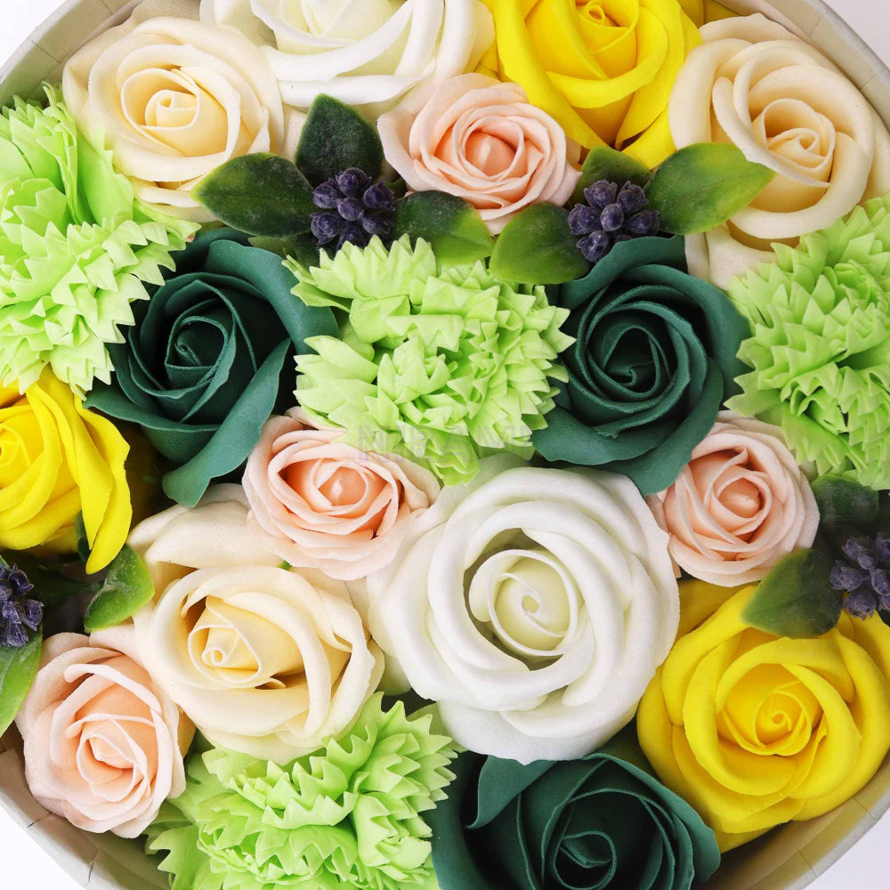 Celebraciones Primavera Amarillo y Verdes Caja Regalo Redonda Flores Jabón