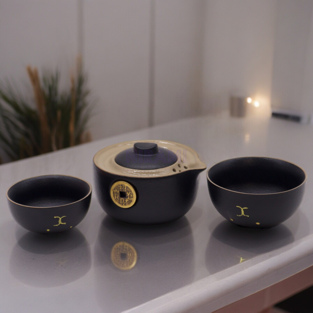 Set de tetera - Gato del Dinero - Dos tazas & Estuche de viaje - Negro
