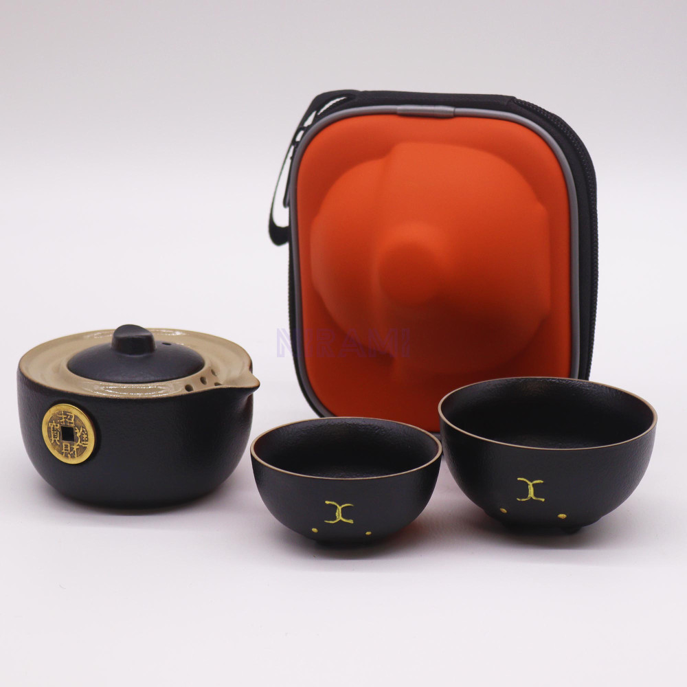 Set de tetera - Gato del Dinero - Dos tazas & Estuche de viaje - Negro