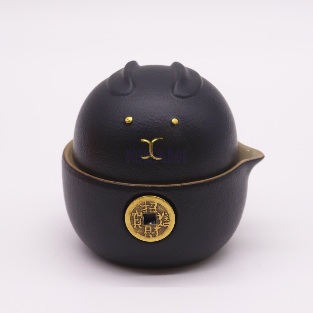 Set de tetera - Gato del Dinero - Dos tazas & Estuche de viaje - Negro