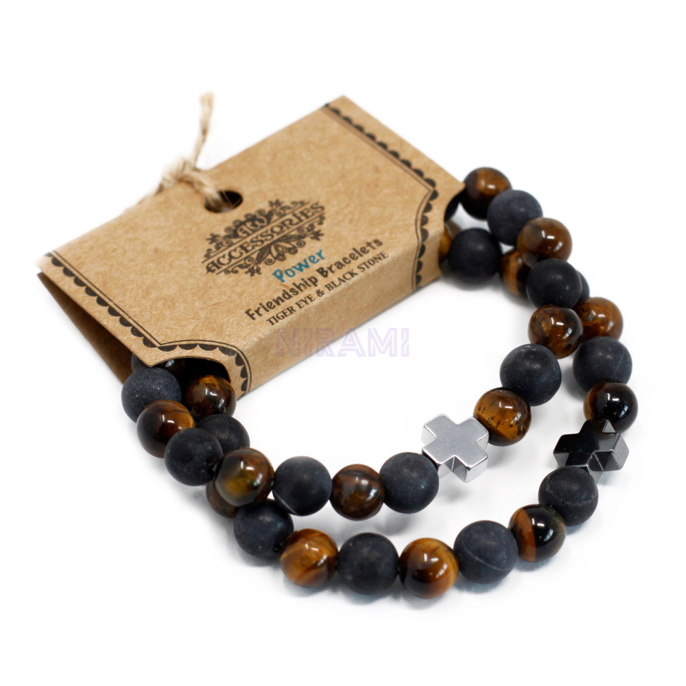 Fuerza - Ojo de tigre y piedra negra 2 Pulseras con Piedras Preciosas
