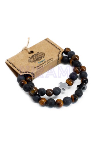 Fuerza - Ojo de tigre y piedra negra 2 Pulseras con Piedras Preciosas