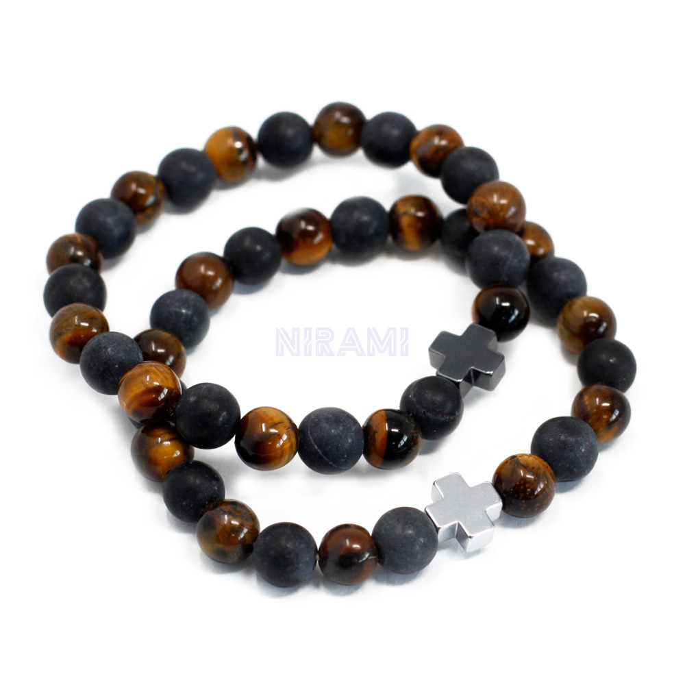 Fuerza - Ojo de tigre y piedra negra 2 Pulseras con Piedras Preciosas