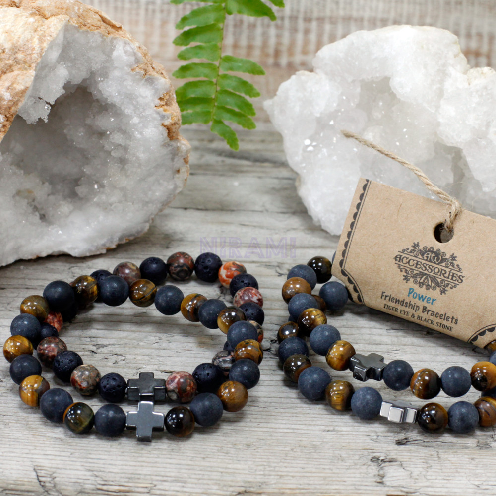 Fuerza - Ojo de tigre y piedra negra 2 Pulseras con Piedras Preciosas