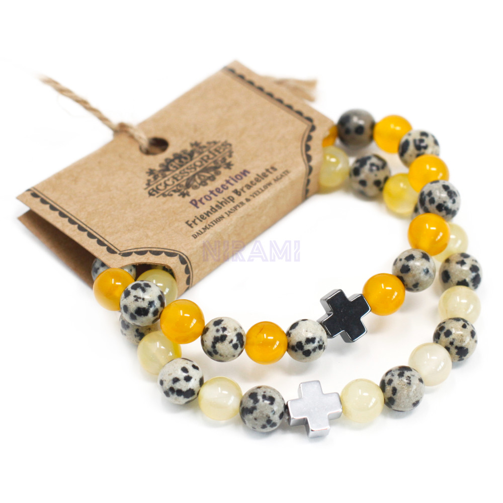 Proteccion - Jaspe dálmata y ágata amarilla 2 Pulsera con Piedras Preciosas