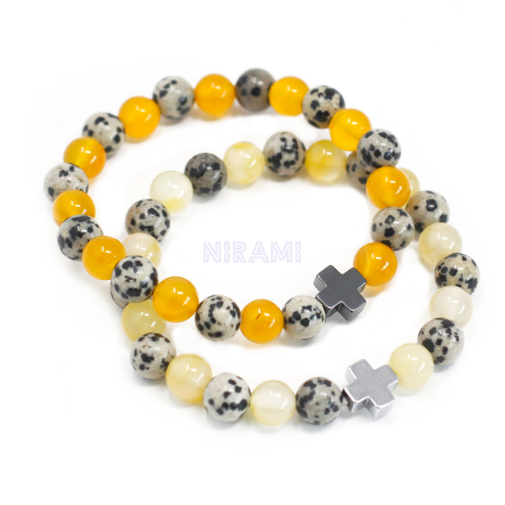 Proteccion - Jaspe dálmata y ágata amarilla 2 Pulsera con Piedras Preciosas