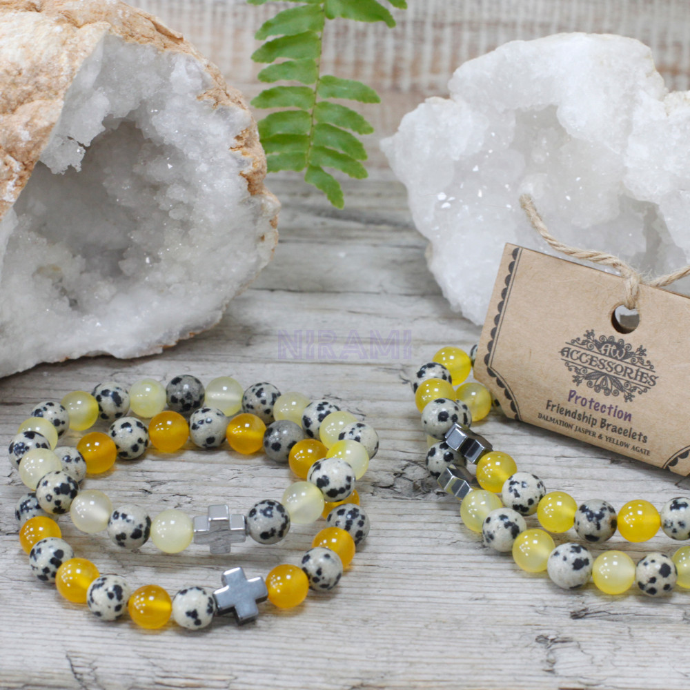 Proteccion - Jaspe dálmata y ágata amarilla 2 Pulsera con Piedras Preciosas