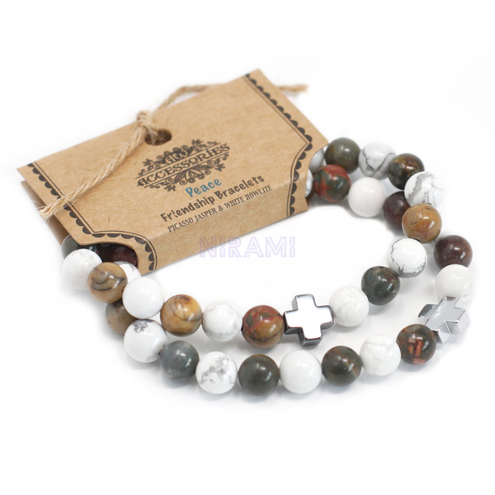 Paz - Jaspe de Picasso y Howlita blanca 2 Pulsera con Piedras Preciosas