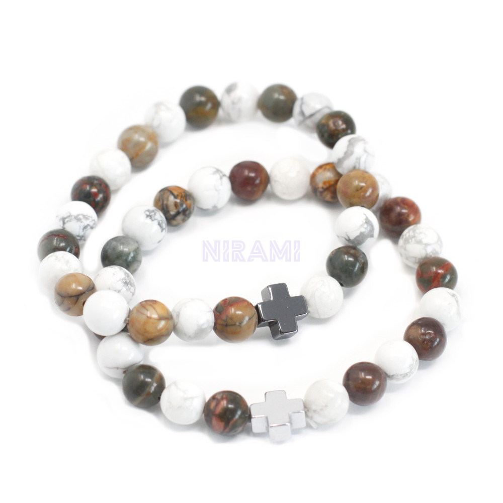 Paz - Jaspe de Picasso y Howlita blanca 2 Pulsera con Piedras Preciosas