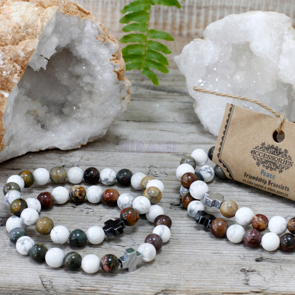Paz - Jaspe de Picasso y Howlita blanca 2 Pulsera con Piedras Preciosas