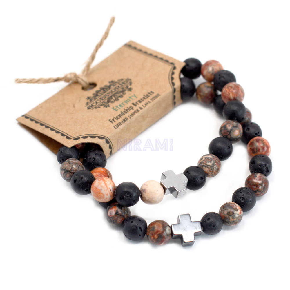 Eternidad - Jaspe Leopardo y Piedra de Lava Juego de 2 pulseras de la amistad con piedras preciosas 