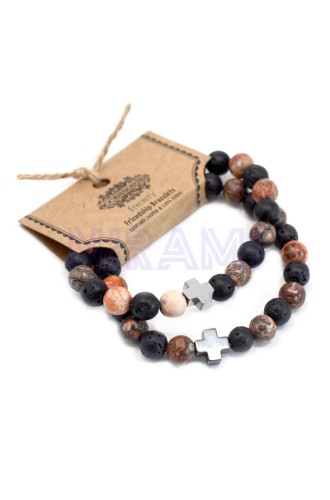 Eternidad - Jaspe Leopardo y Piedra de Lava Juego de 2 pulseras de la amistad con piedras preciosas 