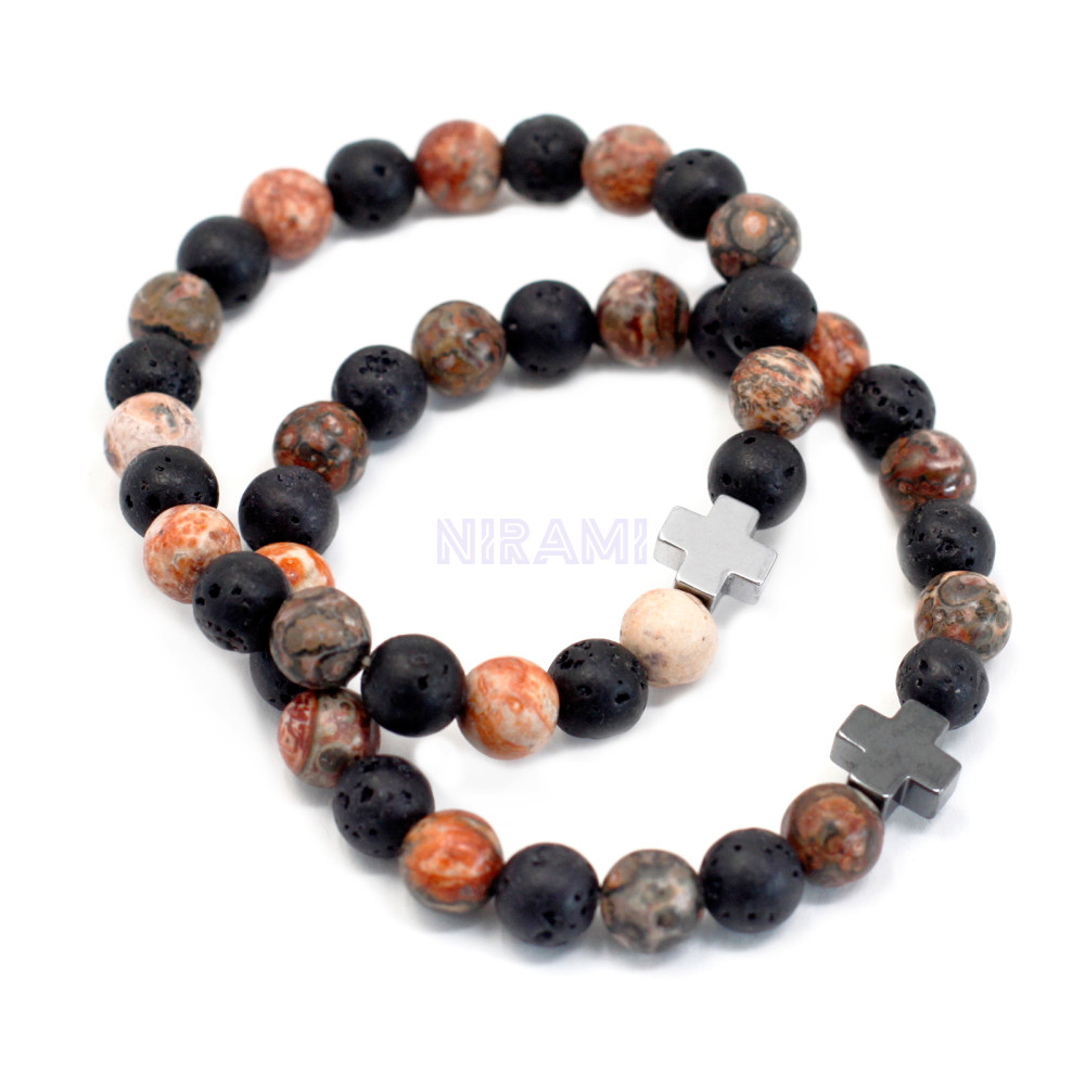 Eternidad - Jaspe Leopardo y Piedra de Lava Juego de 2 pulseras de la amistad con piedras preciosas 