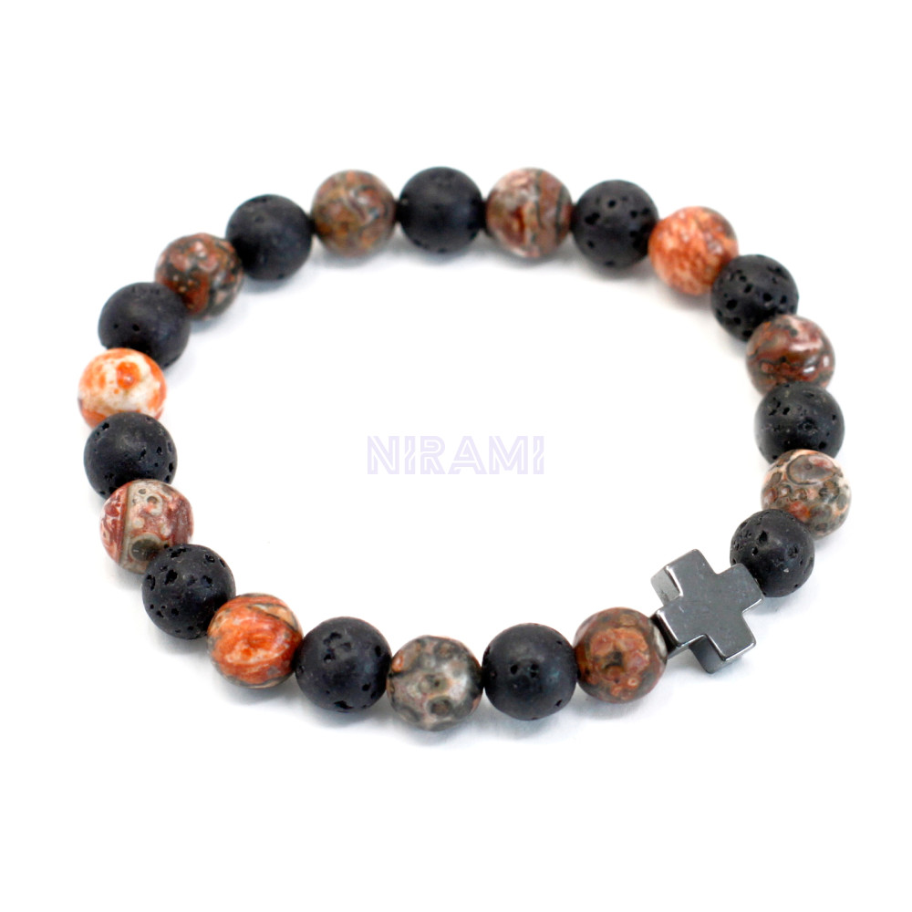 Eternidad - Jaspe Leopardo y Piedra de Lava Juego de 2 pulseras de la amistad con piedras preciosas 