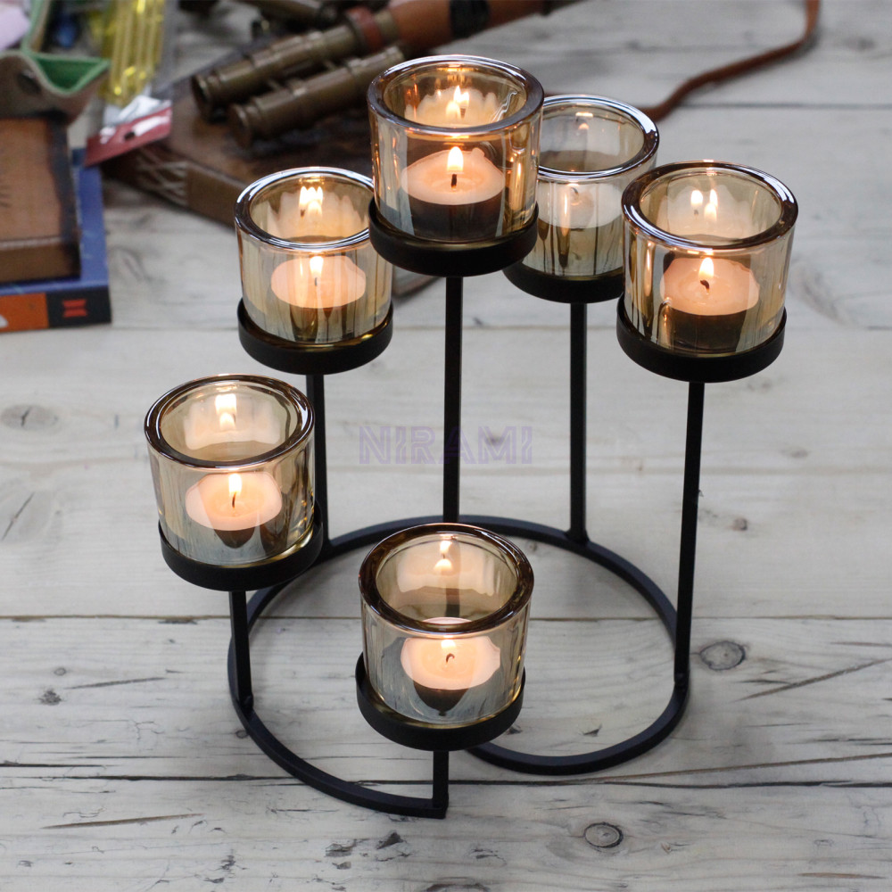 Centrepiece Iron Votive Candle Holder - 6 Cups Circle Tree