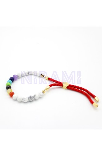 Khaulita blanca y Chakras Pulsera de hilo rojo en plata 925