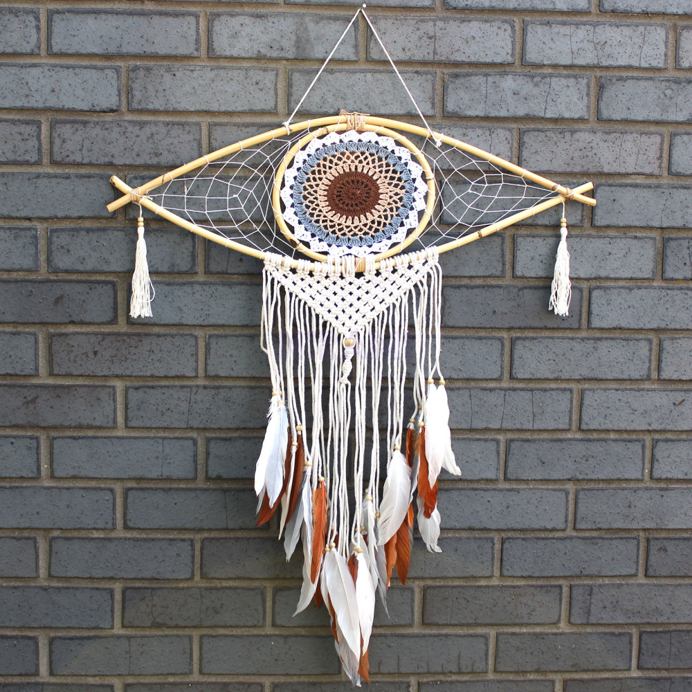 Atrapasueños Protección - Lrg Macramé Ojo Blanco / Gris / Marrón