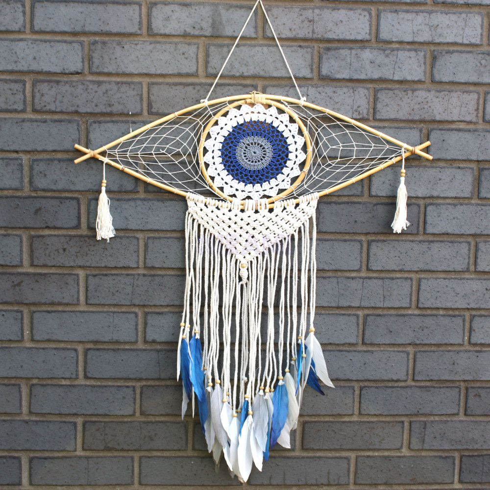 Atrapasueños Protección - Lrg Macramé Ojo Blanco / Azul / Gris