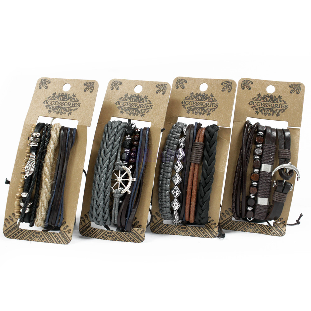 Metal & Leather Mens Bracelet Sets (asst)