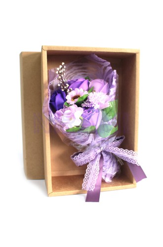 Bouquet flores jabón en caja - púrpura