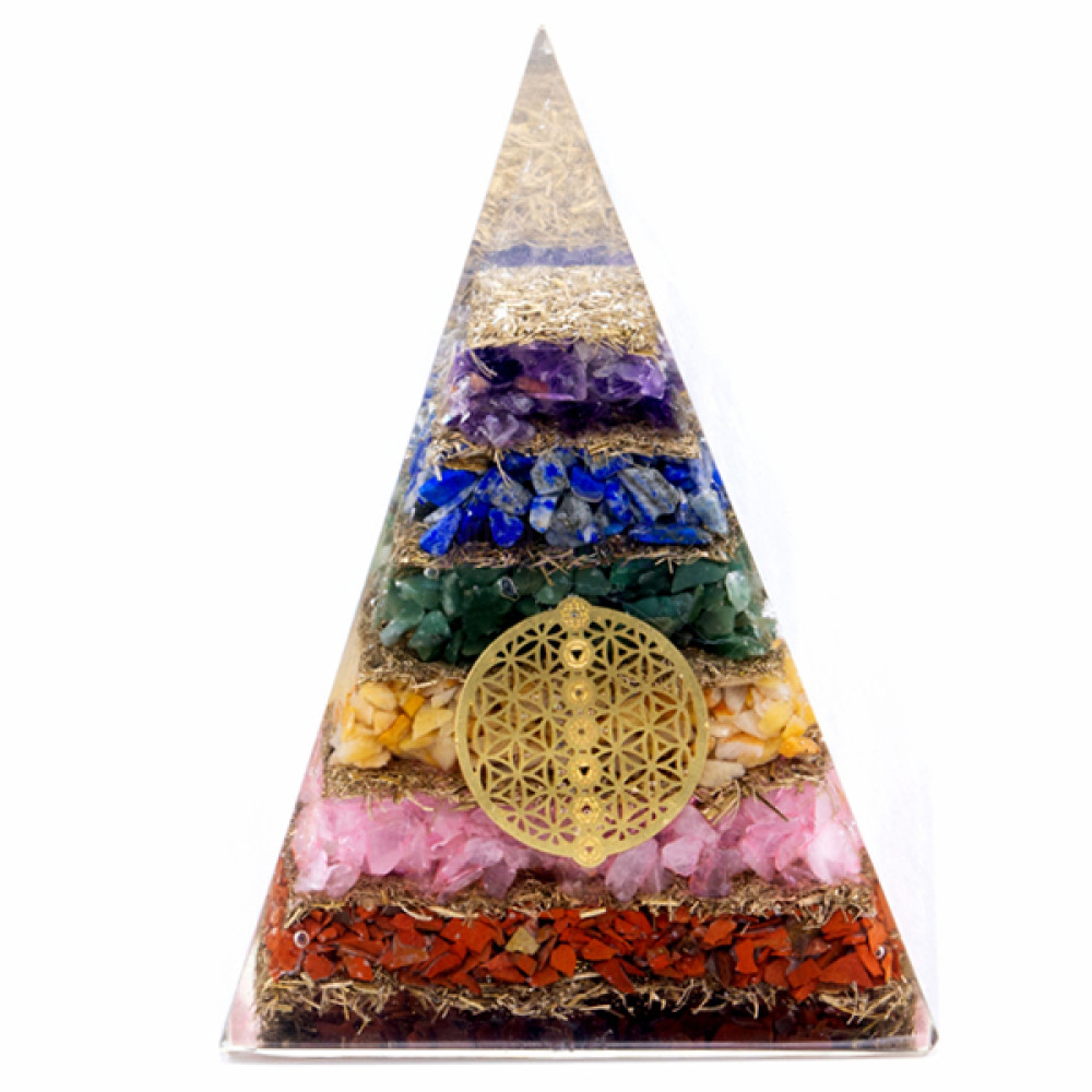  7 chakras Flor de la vida Pirámide de Orgonita Lrg 70mm