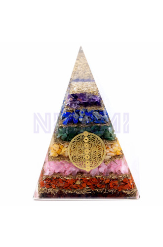  7 chakras Flor de la vida Pirámide de Orgonita Lrg 70mm