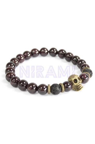 Calavera de bronce / Piedra de sangre - Pulsera de piedras preciosas
