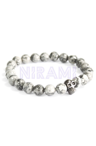 Calavera de peltre / ágata gris - Pulsera de piedras preciosas