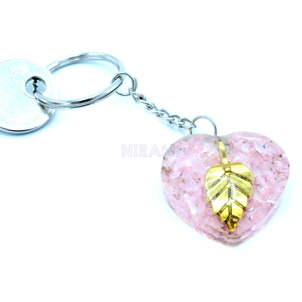 Corazones Cuarzo Rosa Hoja de Oro Llavero de orgonita Power