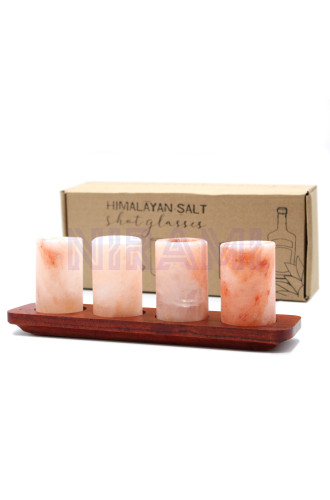 Juego de 4 vasos de chupito de sal del Himalaya y soporte de madera pa…
