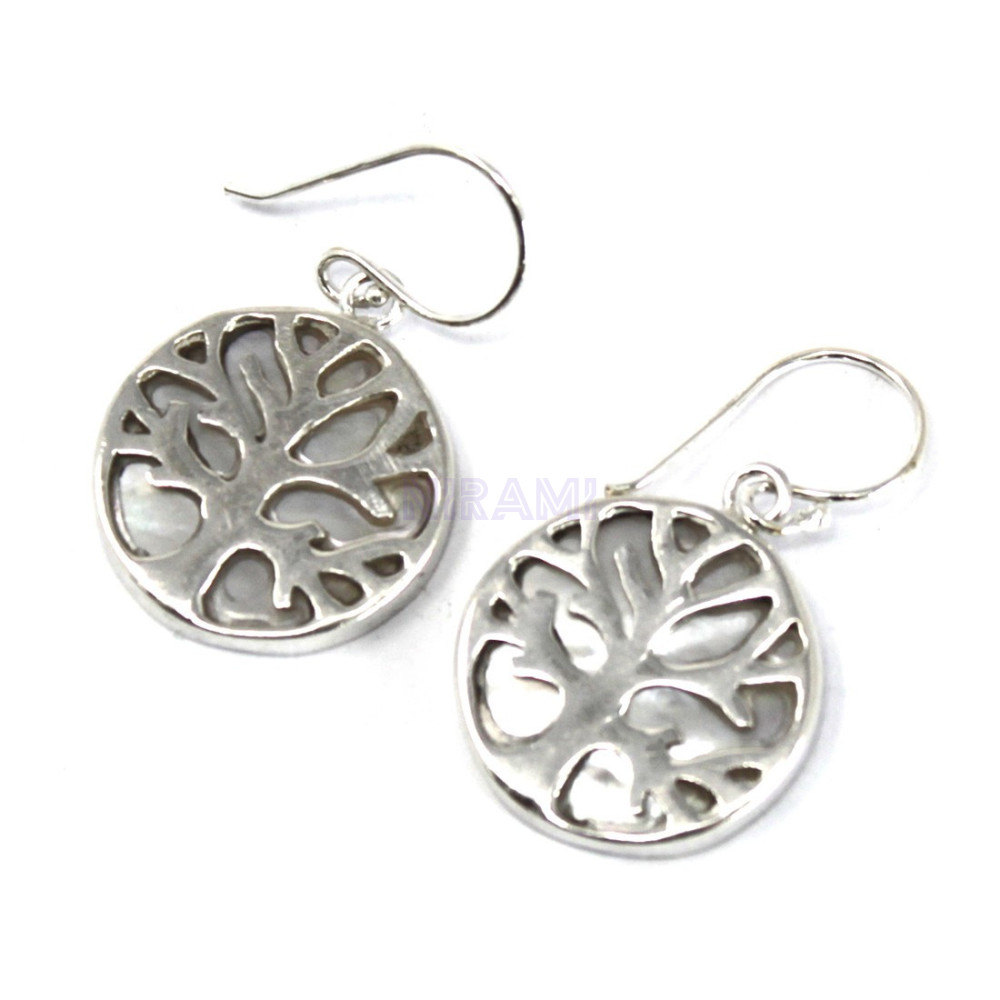 Madre Perla Aretes de Plata Árbol de la Vida 15mm