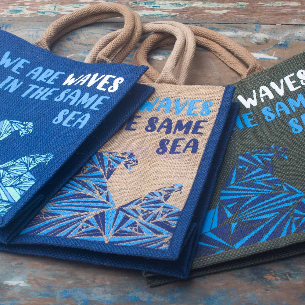 Bolsa de yute estampada - Somos olas (Cinza, Azul y Natural)