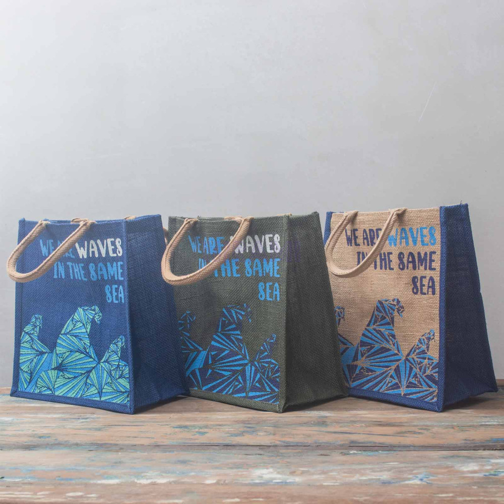 Bolsa de yute estampada - Somos olas (Cinza, Azul y Natural)