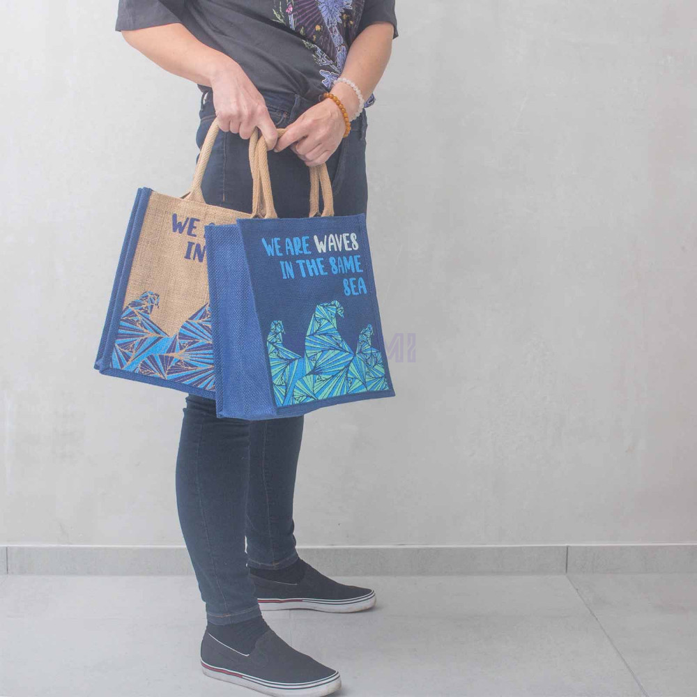 Bolsa de yute estampada - Somos olas (Cinza, Azul y Natural)