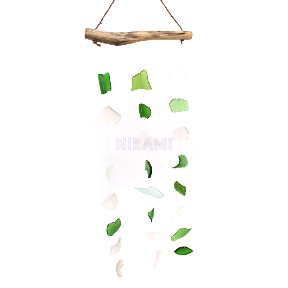 Carillón vidrio reciclado - Tres gotas verde y blanco