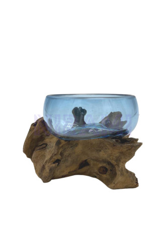 Mini Tazón Azul de Vidrio Fundido sobre Madera