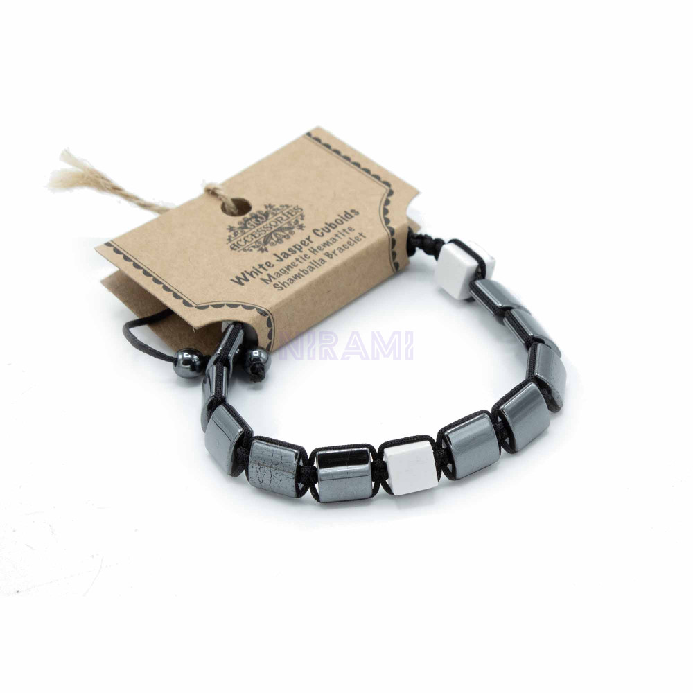 White Jasper Cuboids Magnetic Hematite Shamballa Bracelet 