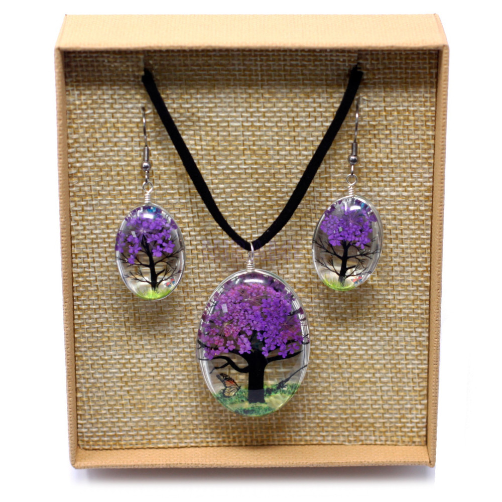 Set regalo flores prensadas joyería - Arbol De La Vida - Lavanda